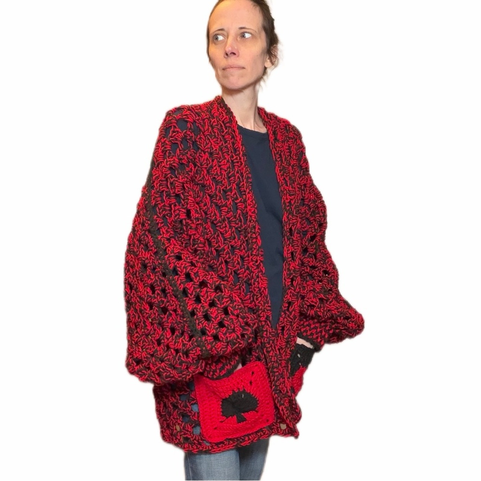 Poker Granny Hexagon Cardigan Chunky Spade And Heart Pockets Handmade